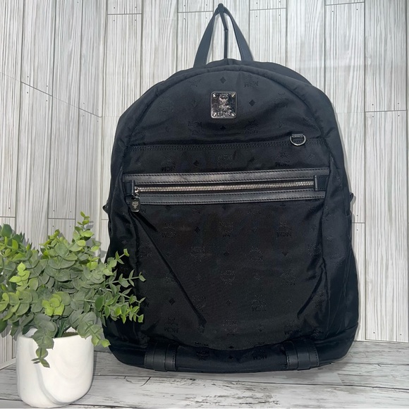 MCM Stark Backpack Black Nylon Logo Print Medium Unisex Designer Travel Bag - Picture 1 of 16